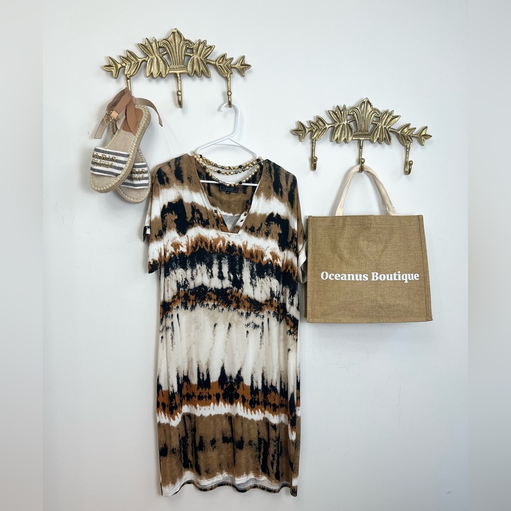Brown and Cream Casual Midi Sundress with Crew Neck